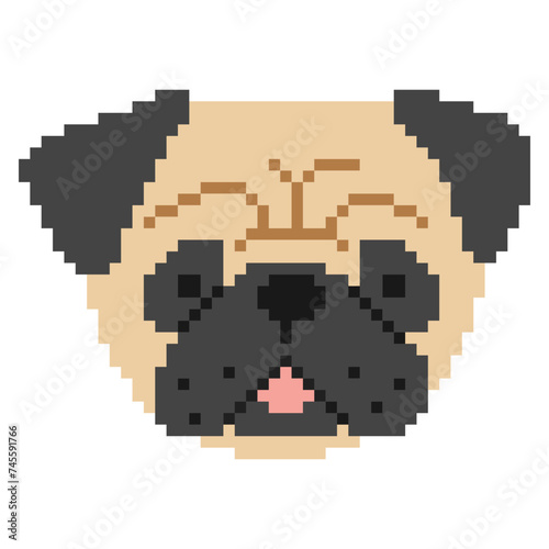 Pug Head Pixel 1 cute on a white background, vector illustration.
