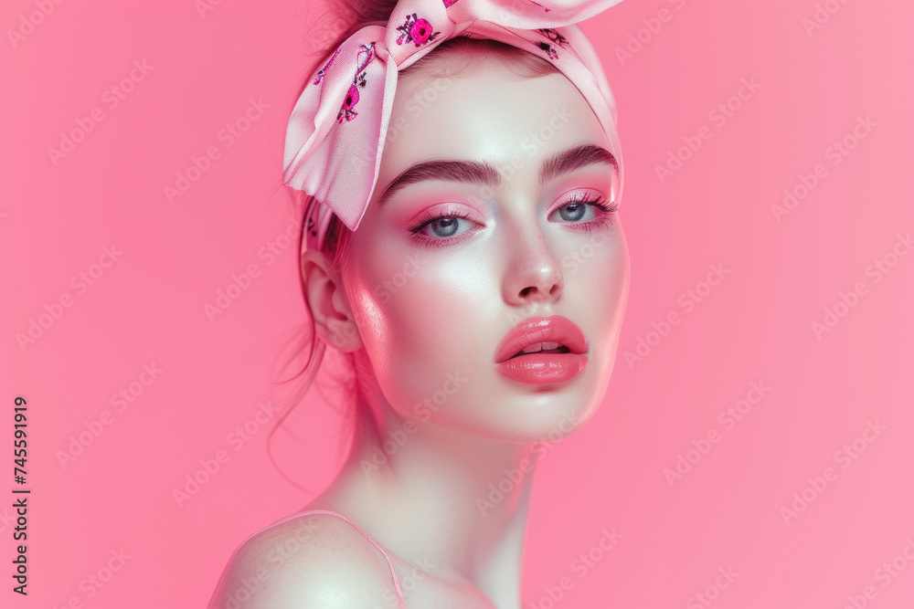 Elegant Beauty Portrait with Pink Scarf and Soft Pink Background