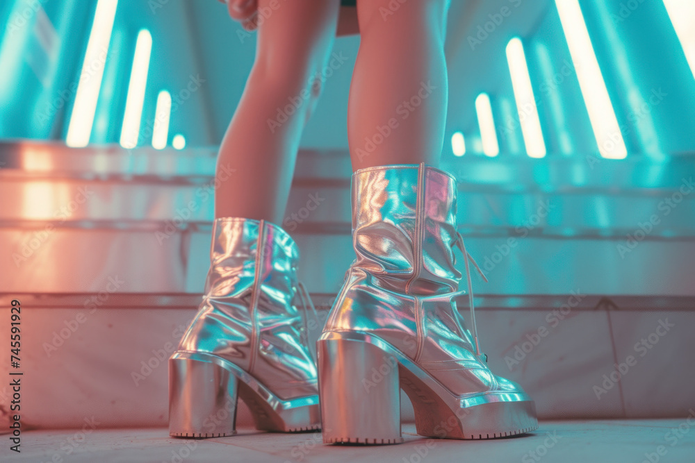 Futuristic Silver Platform Boots on Urban Neon-lit Stairs - obrazy, fototapety, plakaty 