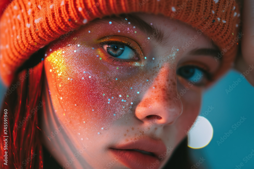 Fototapeta premium Creative Close-Up Portrait of a Woman with Glitter Makeup and Orange Beanie