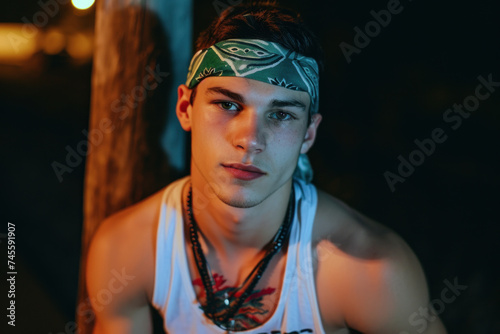 Night Portrait of a Young Man with Bandana and Tank Top in Urban Setting