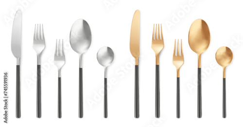 3d realistic cutlery big kit. Vector illustration set of silver and golden spoon. fork and knife for different types of food. Top view on kitchen or restaurant tableware. Eating tools mockup.