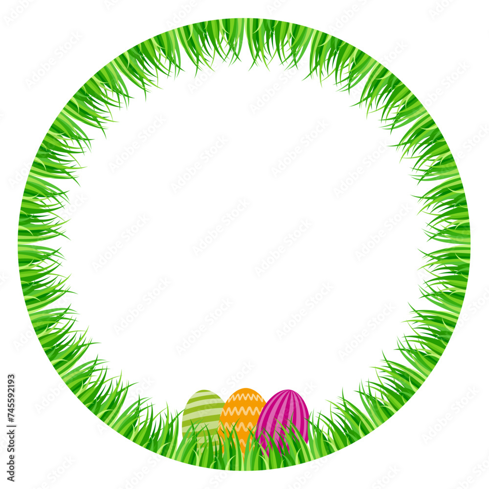 Easter eggs hidden in a green grass circle. Colorful Paschal eggs ...