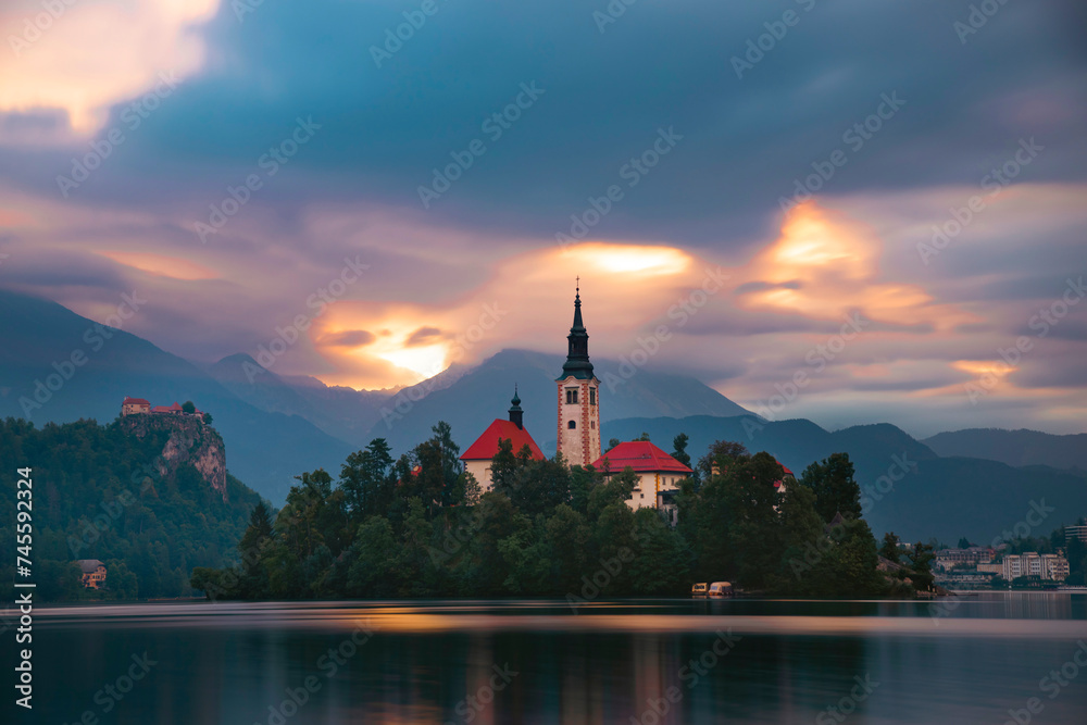 Fototapeta premium Amazing View On Bled Lake, Island,Church And Castle With Mountain Range