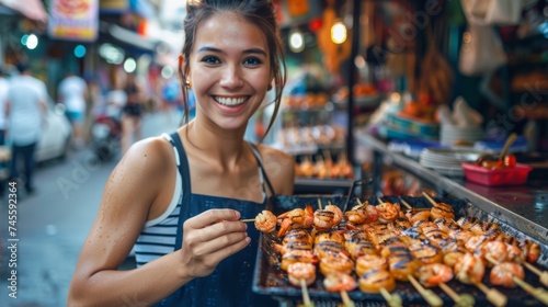 A blissful smile illuminates her face as the aroma of sugary treats mingles with the smoky scent of seafood.