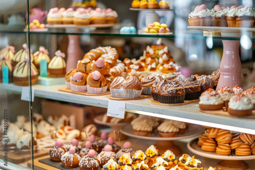 Exquisite Assortment of Pastries on Display at a Gourmet Bakery Shop