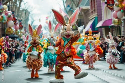 Joyful Easter Parade Featuring Performers in Bunny Costumes