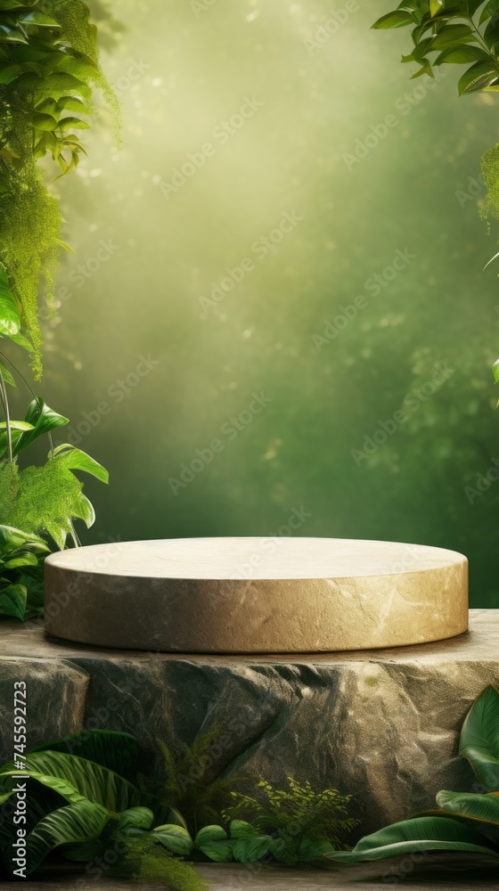 A stone Podium against the background of Nature for the presentation of Organic Natural cosmetics, Creams, Oils, Face and Body masks. The stage, the Layout, the Platform with green leaves, Copy space. A stone Podium against the background of Nature for the presentation of Organic Natural cosmetics, Creams, Oils, Face and Body masks. The stage, the Layout, the Platform with green leaves, Copy space.