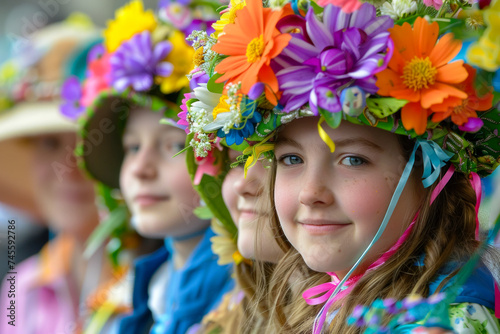 Joyful Children Wearing Bright Floral Crowns at a Festive Spring Event