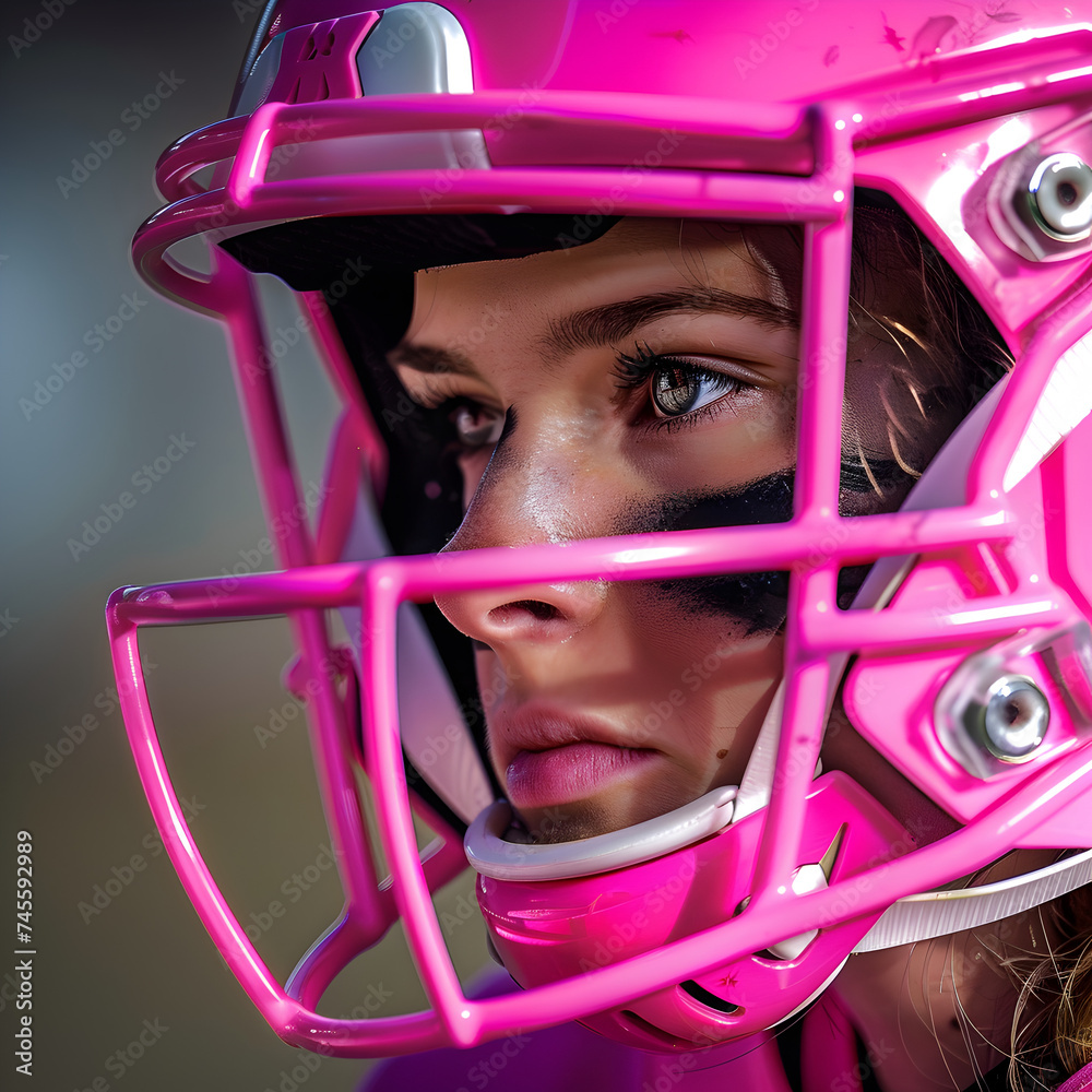 Female Football player wearing a pink helmet Female Football player wearing a pink helmet