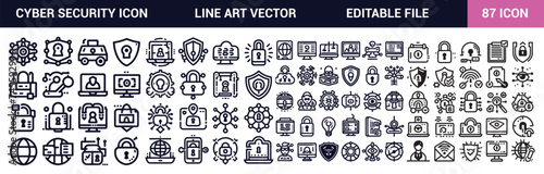 Cyber security vector line art icon set. Contains linear outline icons like Data Protection, Hacker, Password, Firewall, Spam, Antivirus, Virus Threat, Padlock, and Secure. Cyber Security icon set.