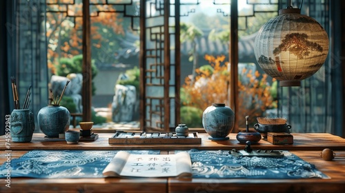 New Chinese-style interior design calligraphy desk, wooden desk placed brush holder, paperweight, teapot ornaments, designed specifically for the three-dimensional drawing of Chinese three-dimensional photo