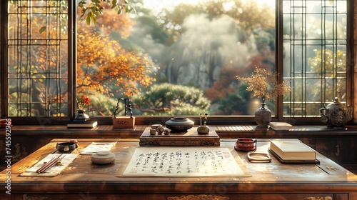 New Chinese-style interior design calligraphy desk, wooden desk placed brush holder, paperweight, teapot ornaments, designed specifically for the three-dimensional drawing of Chinese three-dimensional