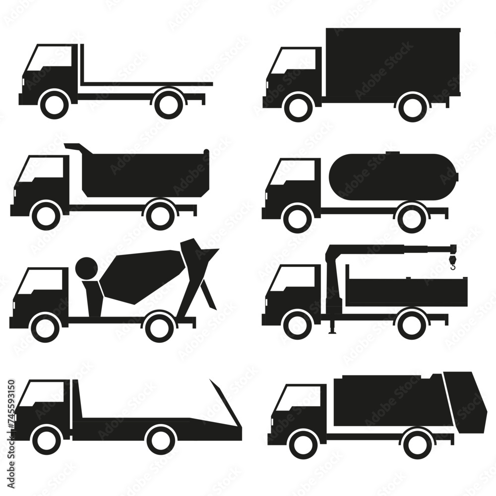 Set of black and white side view truck silhouette Set of black and white side view truck silhouette