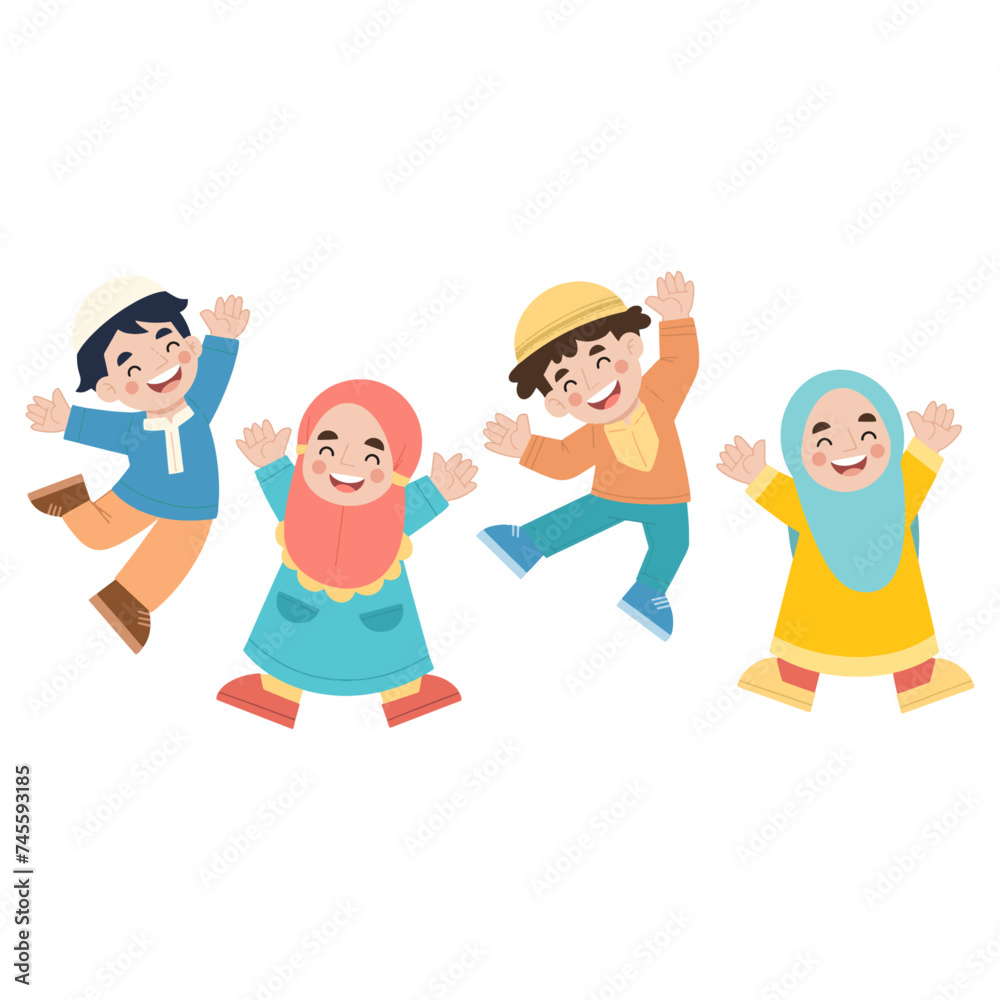 Vector illustration of happy Muslim children jumping high