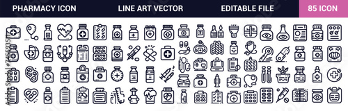 Pharmacy Line Icon Set. Medicine  Pharmacist  Prescription  Drug  Simple line art style icons pack. Vector illustration