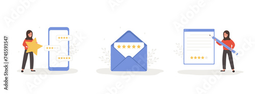 Set of customer review concept. Arab women giving five stars rating. Dialog window in application with feedback. Female character leaving comment or positive response. Vector cartoon illustration.