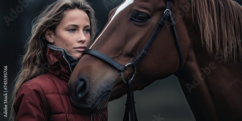 In a cropped shot, a female equestrian athlete stands alongside her majestic horse