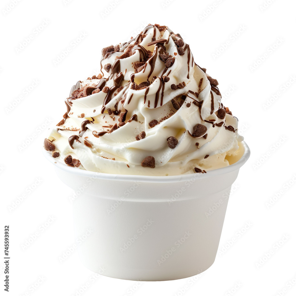 front view of almond joy soft serve ice cream in a white gelato cup isolated on a white transparent background front view of almond joy soft serve ice cream in a white gelato cup isolated on a white transparent background