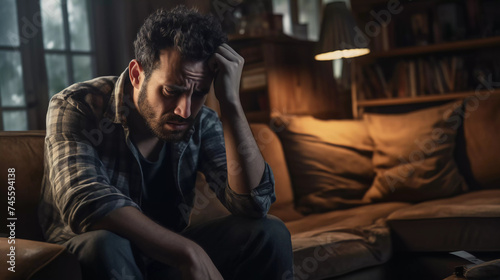 Exhausted man in living room experiencing mental health issues including depression anxiety and financial problems resulting in frustration and despair hyper relistic  photo