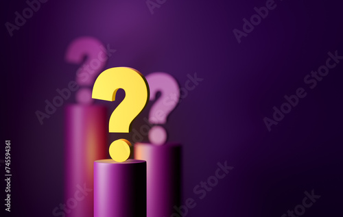 Glowing question mark symbol on purple podium with copy space. photo