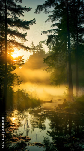 Embracing Tranquility: Breathtaking Sunrise Peering Through a Misty Forest captured by HJ Nature Photos © Leonard