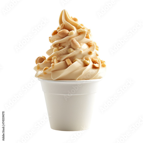 front view of hazelnut honeycomb soft serve ice cream in a white gelato cup isolated on a white transparent background