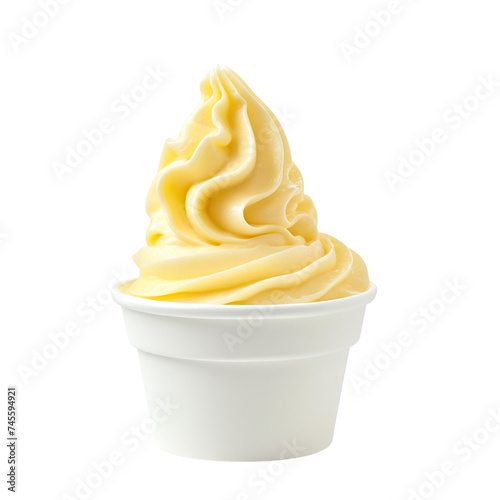 front view of lemon sorbet soft serve ice cream in a white gelato cup isolated on a white transparent background