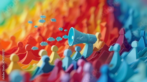 A vibrant and colorful illustration of a megaphone with speech bubbles over a diverse community symbolizing social media interaction. photo