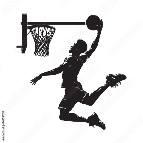 "Elevated Excitement: Athlete Slam Dunking in Monochrome"