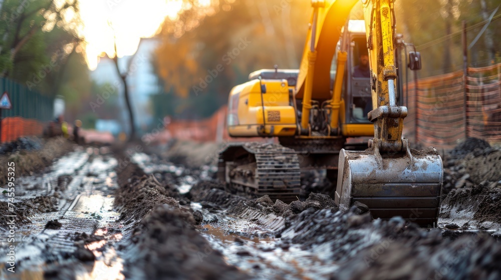 An excavator at work in a muddy construction site during sunset, illustrating heavy machinery in civil engineering. An excavator at work in a muddy construction site during sunset, illustrating heavy machinery in civil engineering.