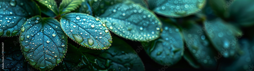 Close Up of a Green Leaf With Water Droplets - obrazy, fototapety, plakaty 