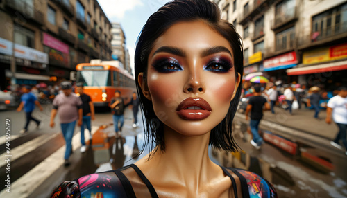 portrait of a woman with heavy makeup in the street 
