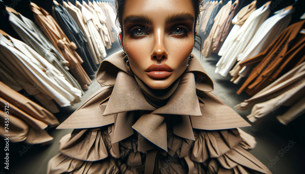 Fashionista woman taking selfie in a clothing boutique. - obrazy, fototapety, plakaty 