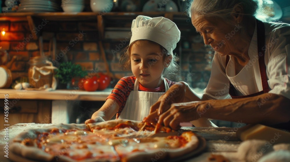 An older woman and a young girl are preparing a pizza An older woman and a young girl are preparing a pizza