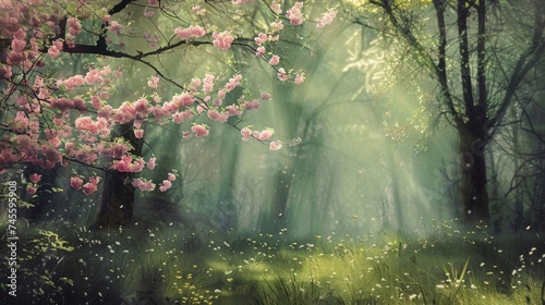 A forest filled with lots of pink flowers #745595908