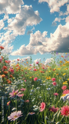 A field of colorful flowers under a cloudy blue sky