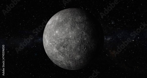 Planet Mercury rotating with topographic shadows and star background - made for looping.