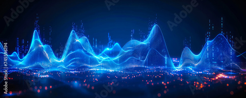 Dynamic and Vibrant Digital Waves Illustration with Particle Effects in Blue Hues Depicting Sound, Energy, or Data Flow in a Futuristic Concept photo