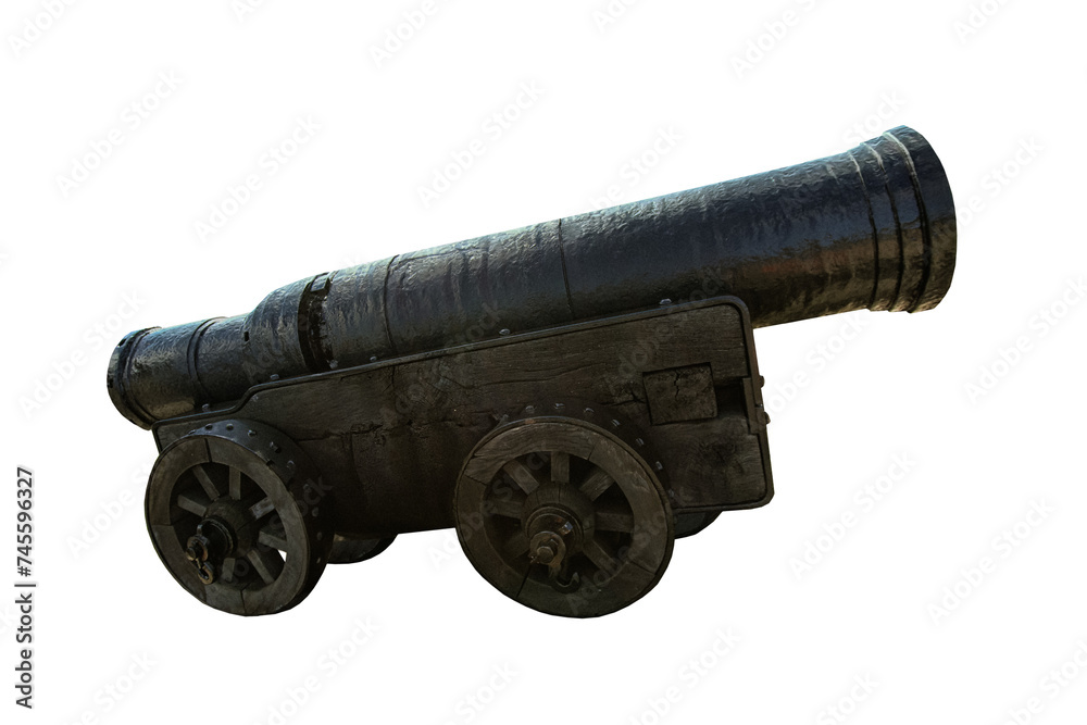 Cutout of an isolated old black cannon side view isolated with the transparent png Cutout of an isolated old black cannon side view isolated with the transparent png