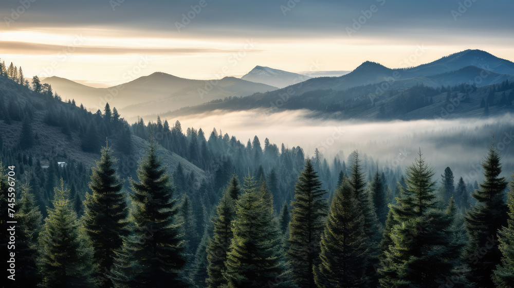 Misty Sunrise Over Tranquil Mountain Forest