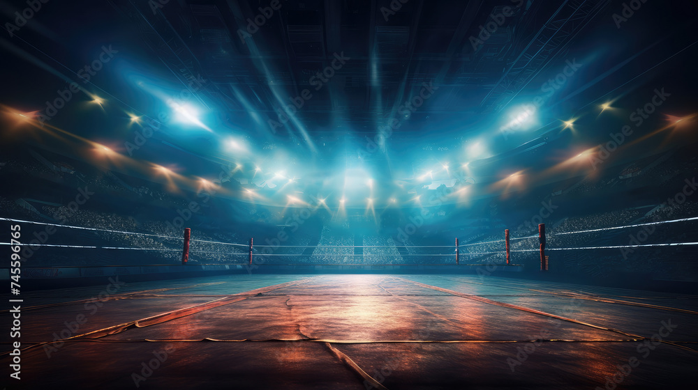 Empty Boxing Ring Under Arena Spotlight - obrazy, fototapety, plakaty 