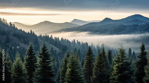 Misty Sunrise Over Tranquil Mountain Forest
