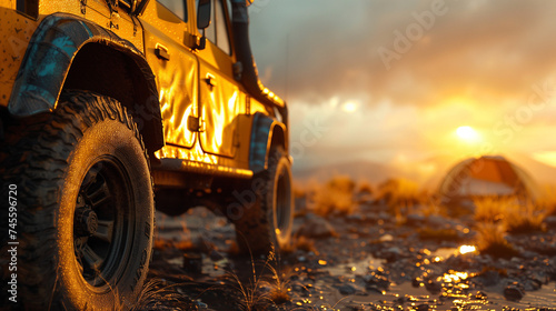 Camping tent close up concept of traveling on dirt roads on an off-road vehicle.