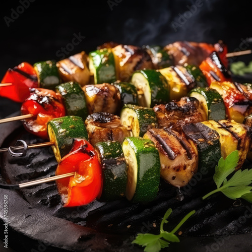 Marinated Grilled Vegetable Skewers on Cast Iron