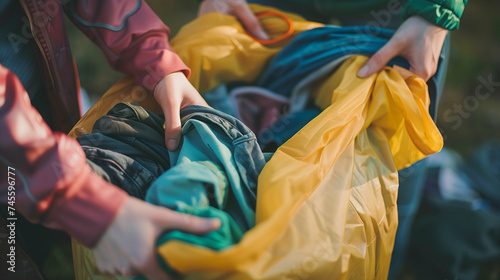 Hands sort through a diverse mix of laundry inside a vibrant yellow bag, representing the everyday routine of household clothing care against an outdoor backdrop.