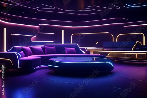 a futuristic lounge with sofas in sleek designs and metallic hues, embodying the cutting edge of modern interior decor for a stylish living area.