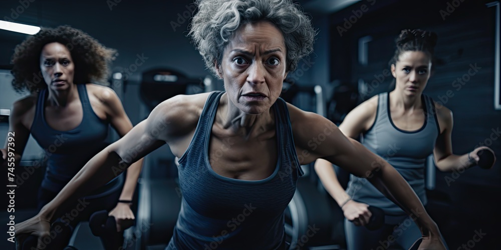 In a display of strength and vitality, a senior woman takes part in a workout routine at the gym