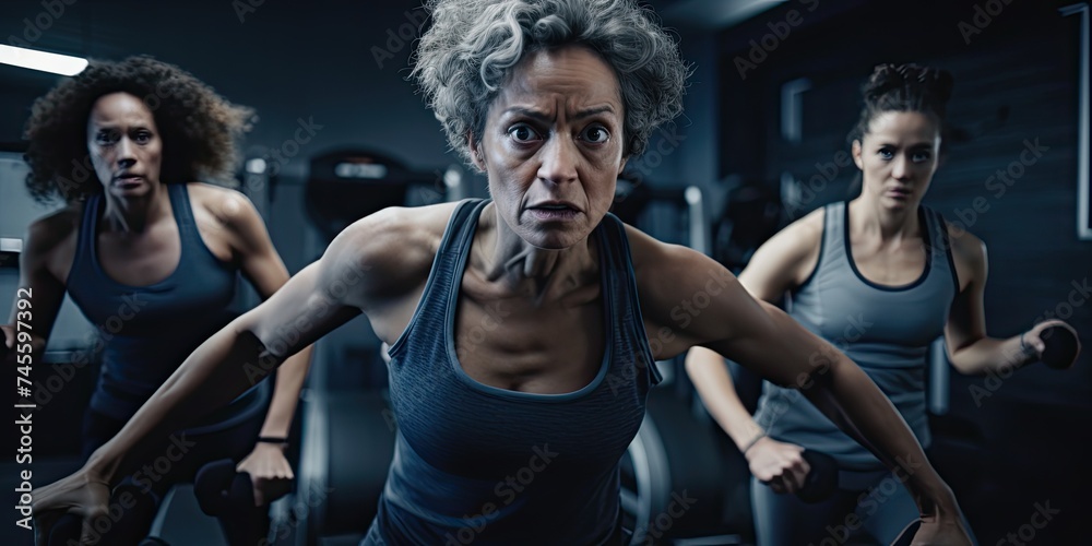 In a display of strength and vitality, a senior woman takes part in a workout routine at the gym In a display of strength and vitality, a senior woman takes part in a workout routine at the gym
