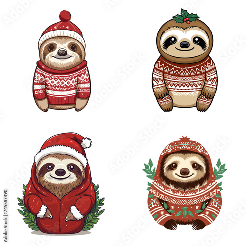 Sloth (Sloth in Christmas Sweater). simple minimalist isolated in white background vector illustration